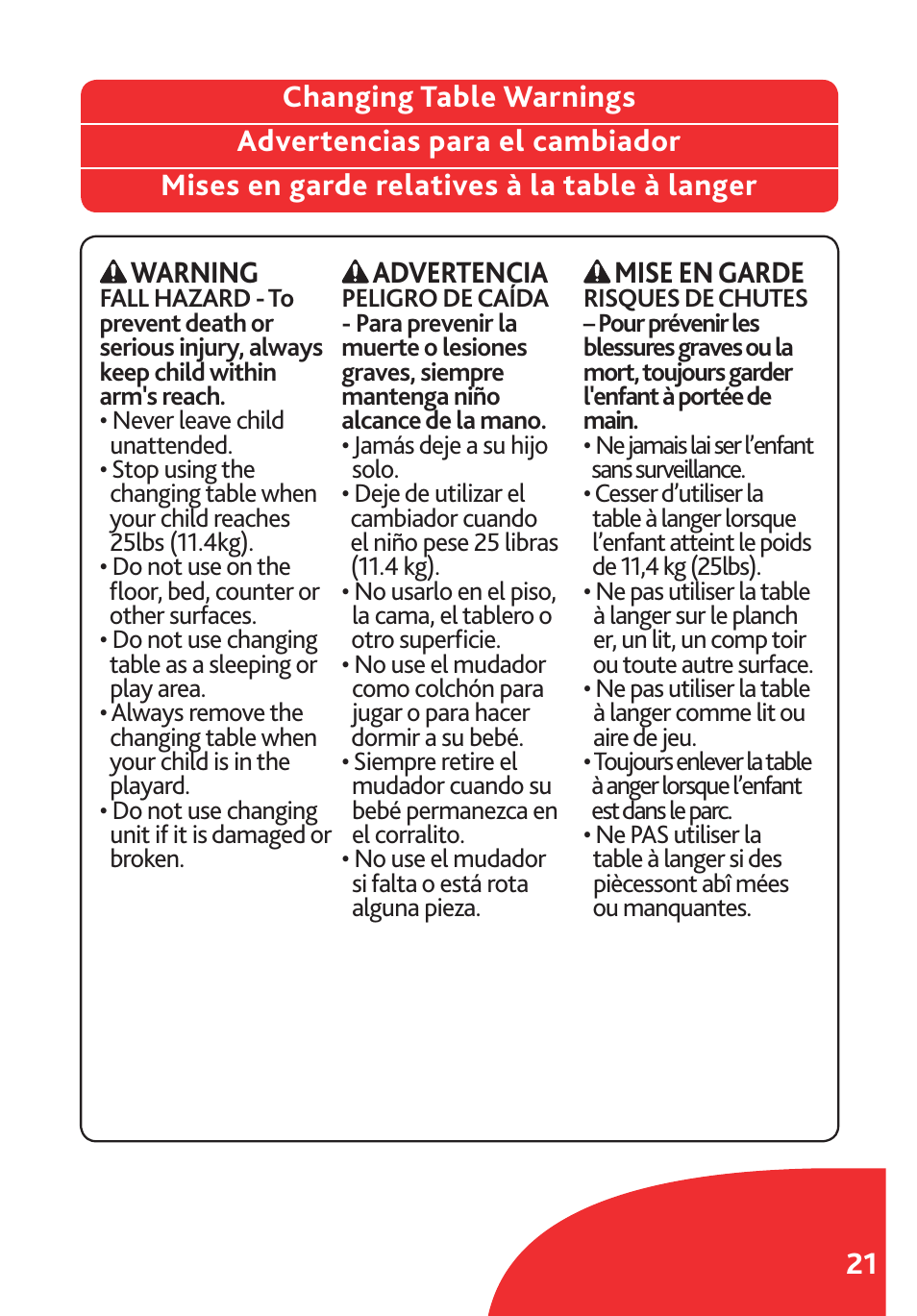 Warning, Advertencia, Mise en garde | Chicco Lullaby LX/SE User Manual | Page 21 / 56