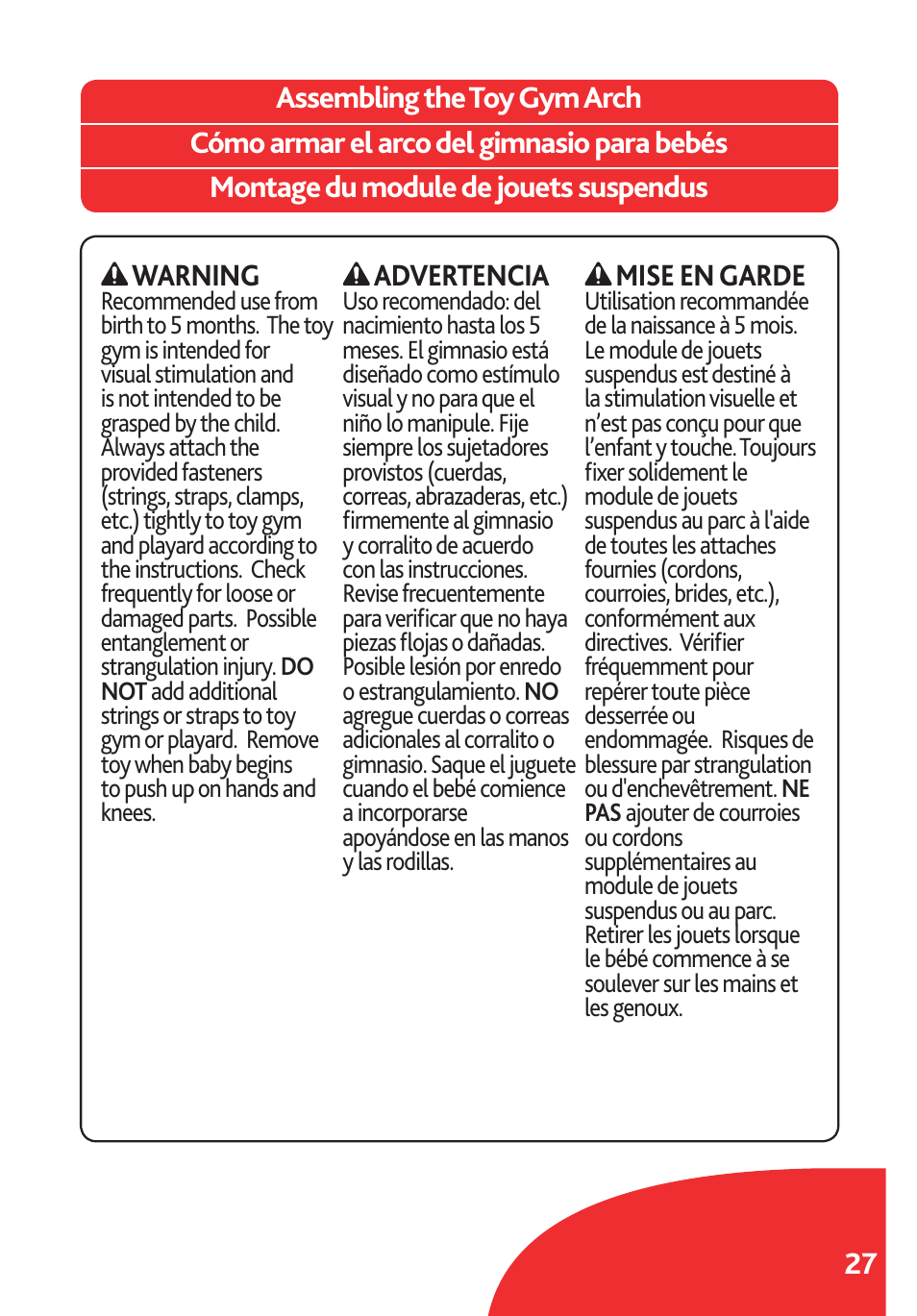 Warning, Advertencia, Mise en garde | Chicco Lullaby LX/SE User Manual | Page 27 / 56