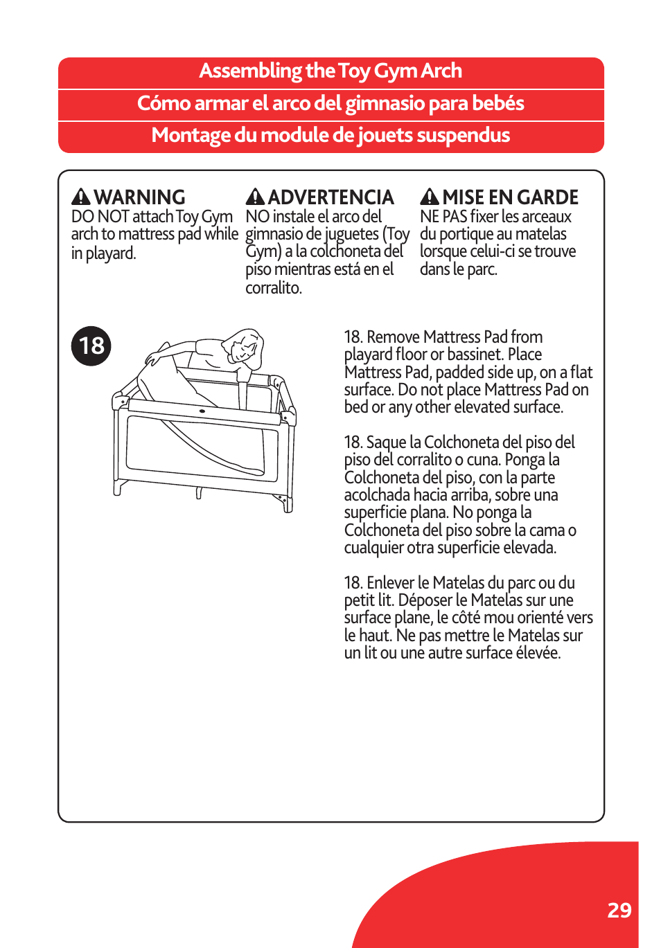 Warning, Advertencia, Mise en garde | Chicco Lullaby LX/SE User Manual | Page 29 / 56