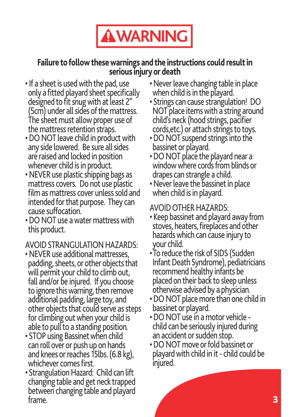 Warning | Chicco Lullaby LX/SE User Manual | Page 3 / 56