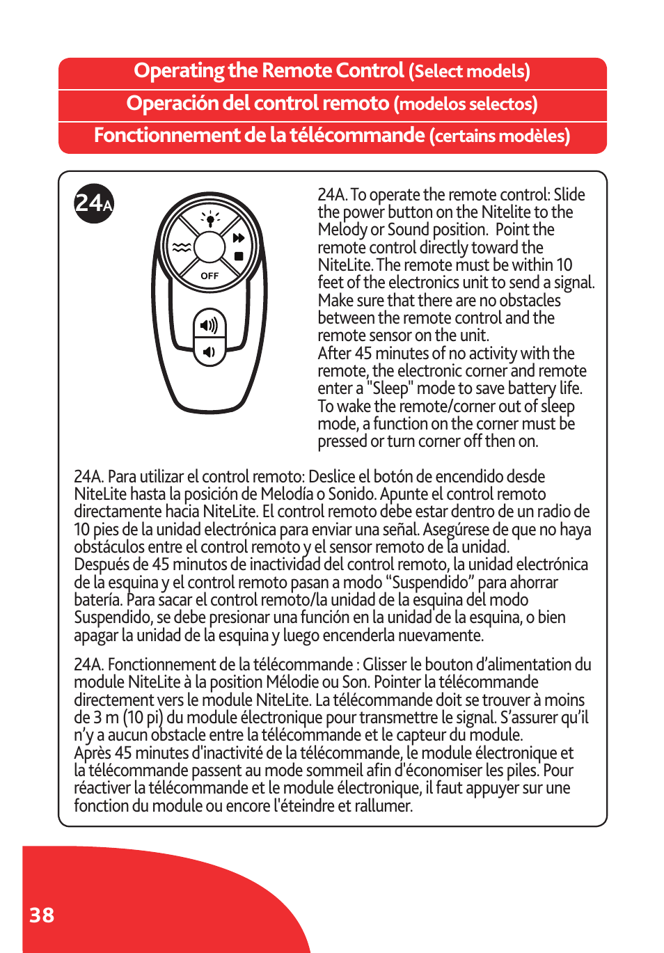 Operating the remote control, Operación del control remoto, Fonctionnement de la télécommande | Chicco Lullaby LX/SE User Manual | Page 38 / 56
