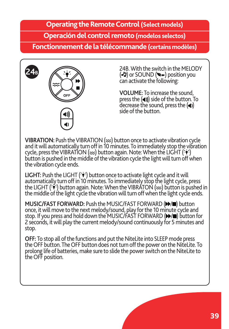 39 operating the remote control, Operación del control remoto, Fonctionnement de la télécommande | Chicco Lullaby LX/SE User Manual | Page 39 / 56