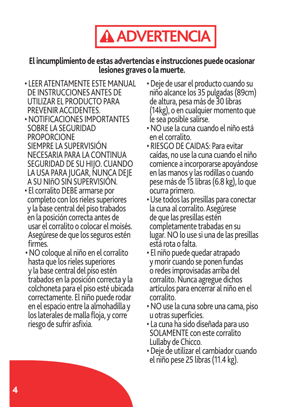 Advertencia | Chicco Lullaby LX/SE User Manual | Page 4 / 56