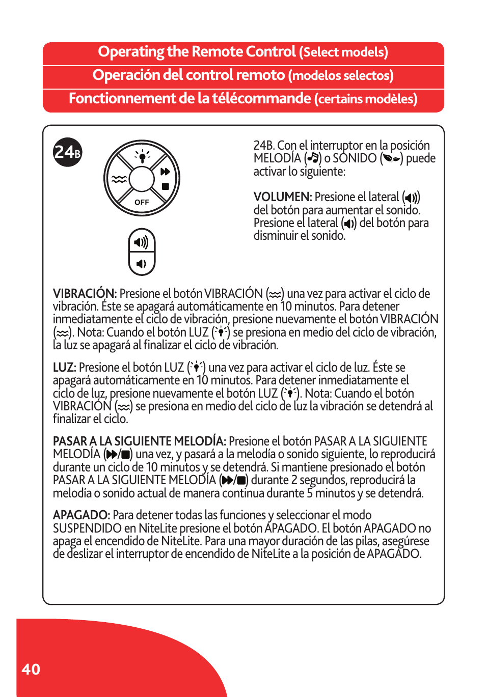 40 operating the remote control, Operación del control remoto, Fonctionnement de la télécommande | Chicco Lullaby LX/SE User Manual | Page 40 / 56