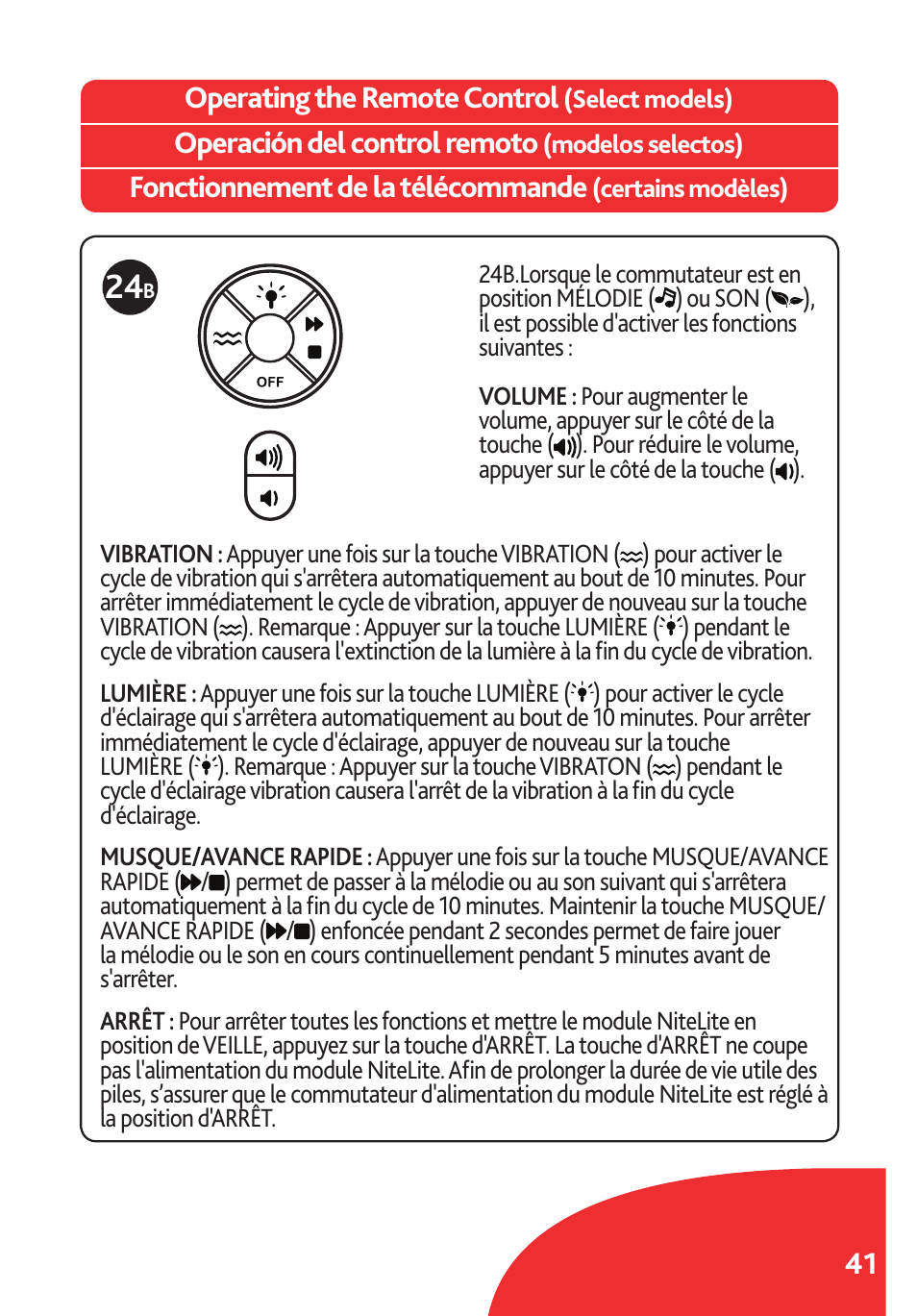 41 operating the remote control, Operación del control remoto, Fonctionnement de la télécommande | Chicco Lullaby LX/SE User Manual | Page 41 / 56