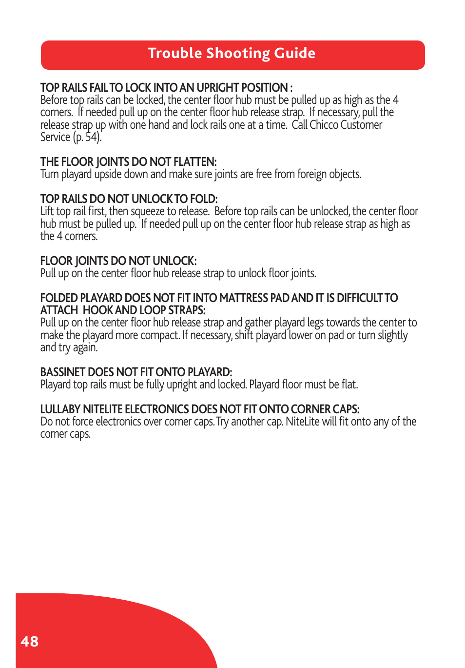 48 trouble shooting guide | Chicco Lullaby LX/SE User Manual | Page 48 / 56