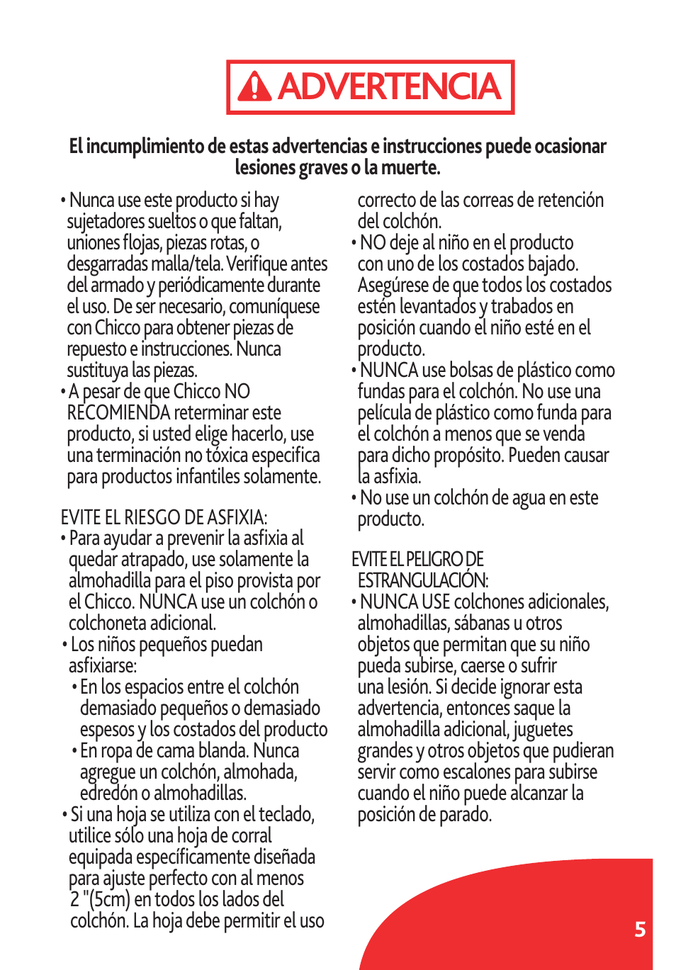 Advertencia | Chicco Lullaby LX/SE User Manual | Page 5 / 56