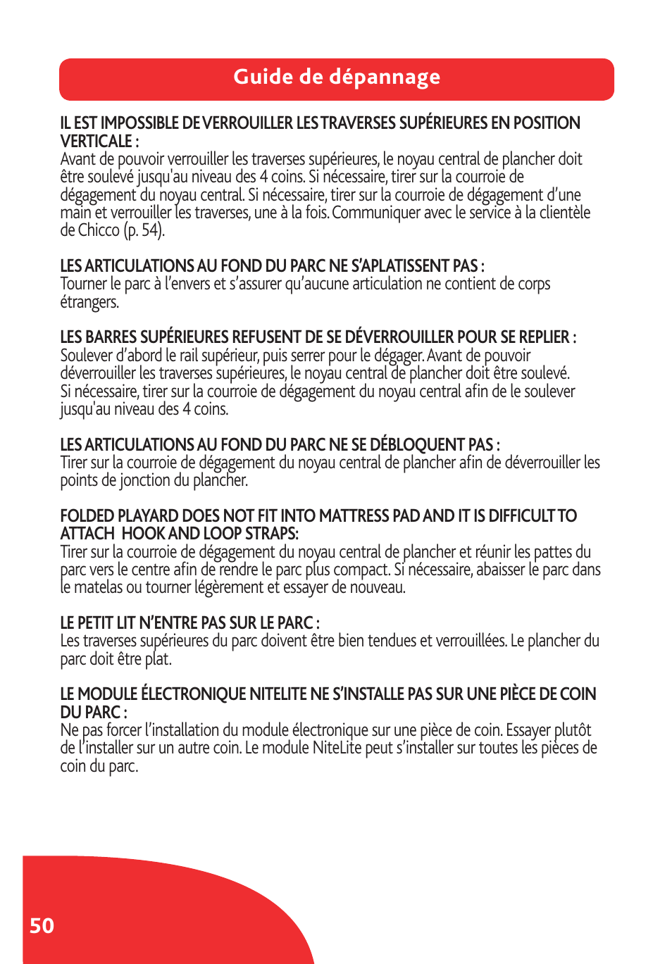 50 guide de dépannage | Chicco Lullaby LX/SE User Manual | Page 50 / 56