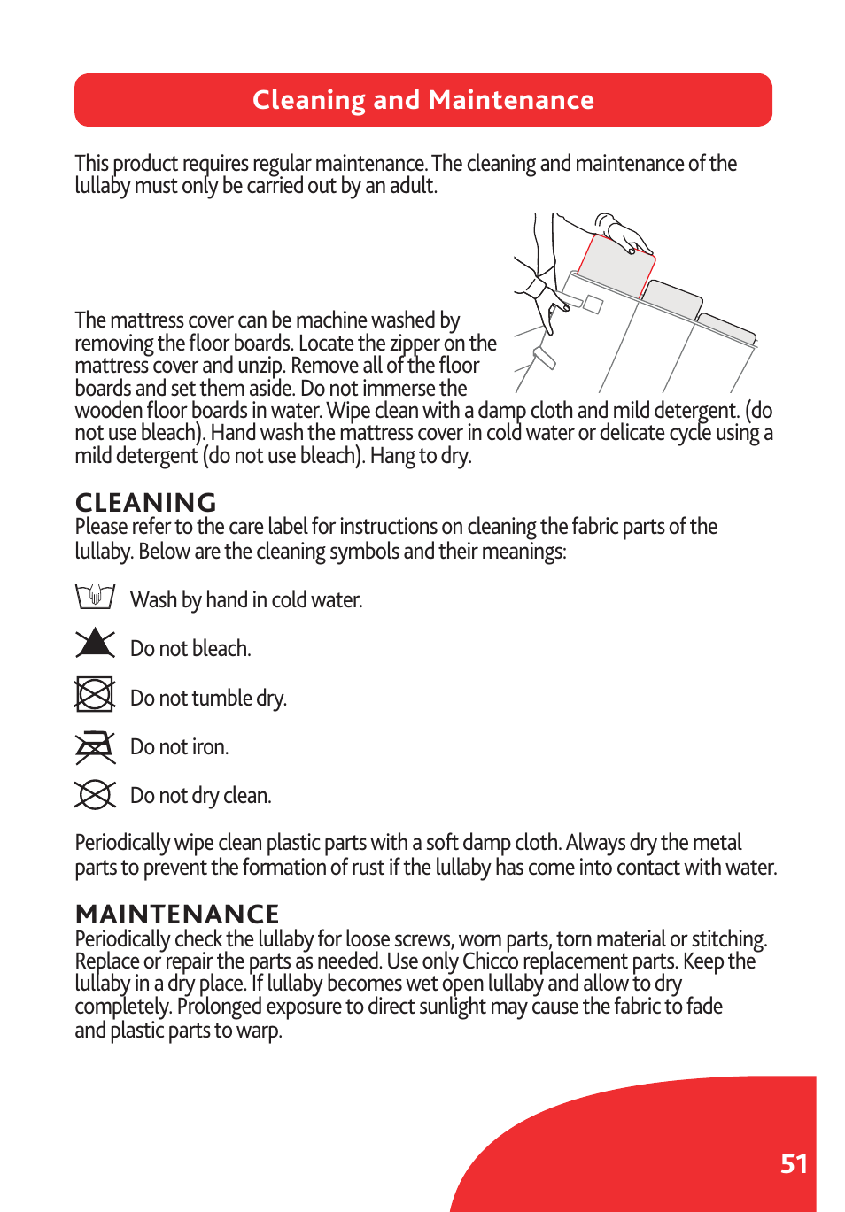 51 cleaning and maintenance, Cleaning, Maintenance | Chicco Lullaby LX/SE User Manual | Page 51 / 56