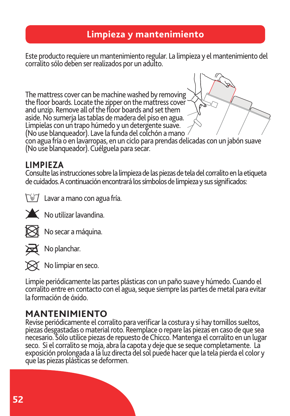 52 limpieza y mantenimiento, Limpieza, Mantenimiento | Chicco Lullaby LX/SE User Manual | Page 52 / 56
