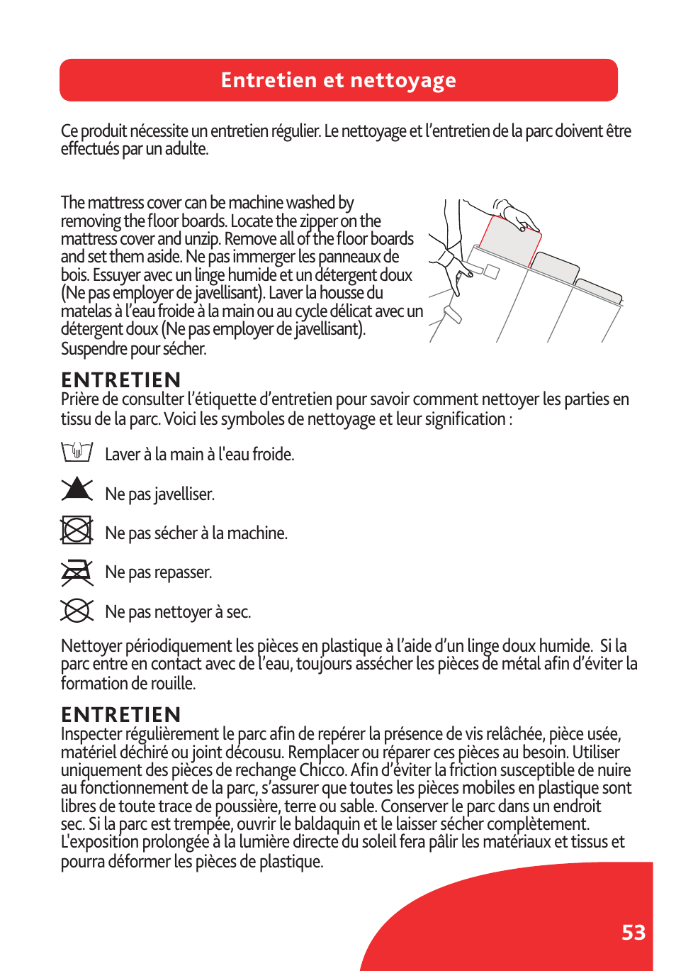 53 entretien et nettoyage, Entretien | Chicco Lullaby LX/SE User Manual | Page 53 / 56