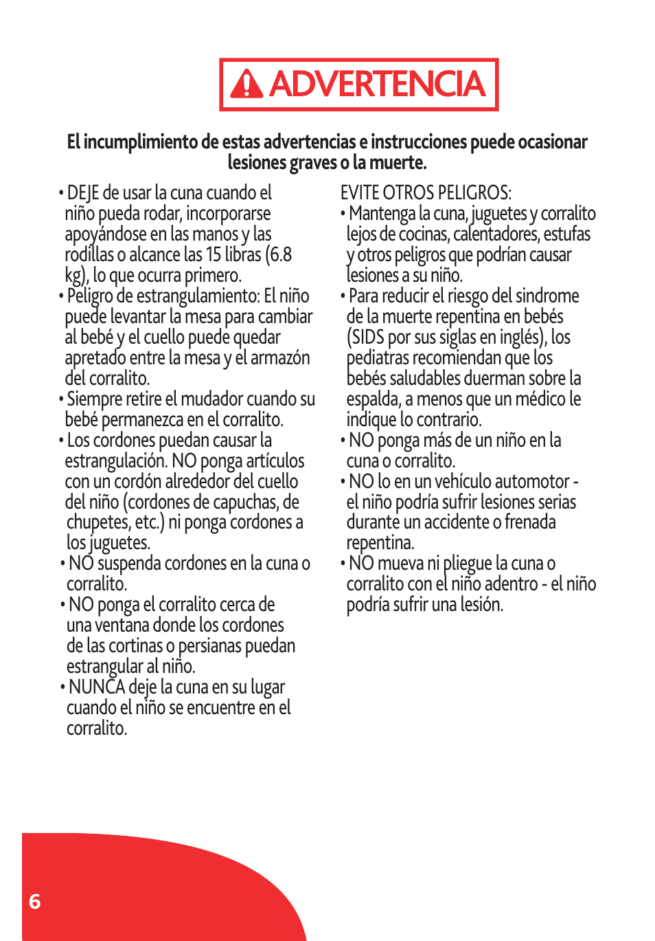 Advertencia | Chicco Lullaby LX/SE User Manual | Page 6 / 56