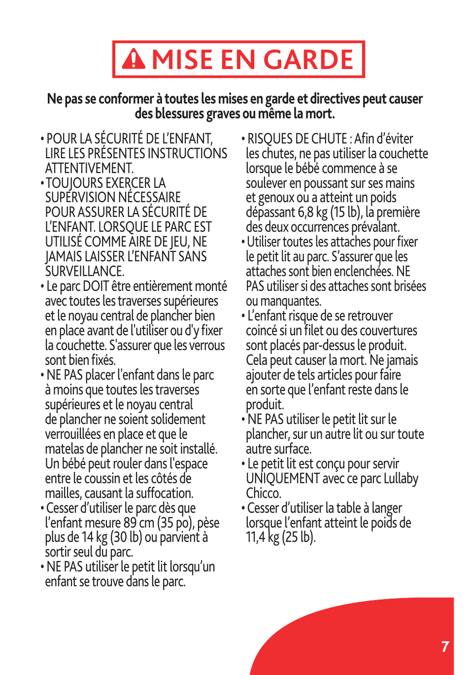 Mise en garde | Chicco Lullaby LX/SE User Manual | Page 7 / 56