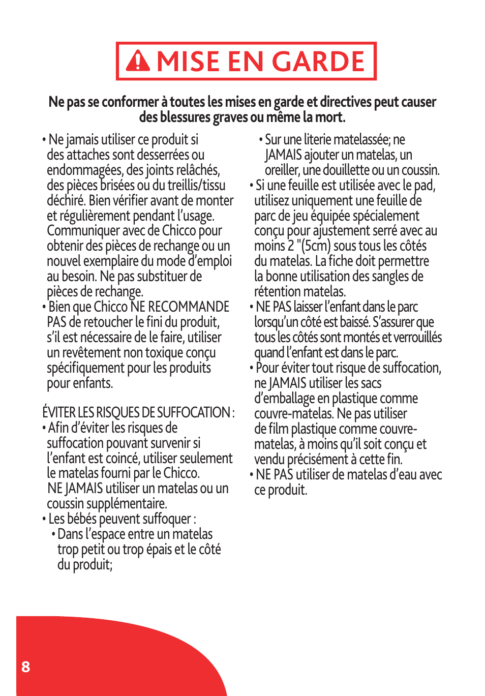 Mise en garde | Chicco Lullaby LX/SE User Manual | Page 8 / 56