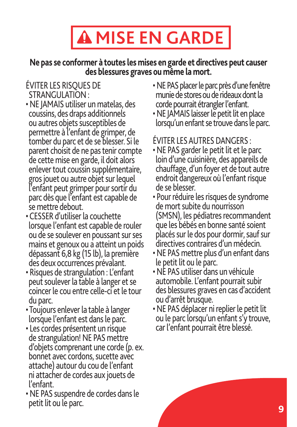 Mise en garde | Chicco Lullaby LX/SE User Manual | Page 9 / 56