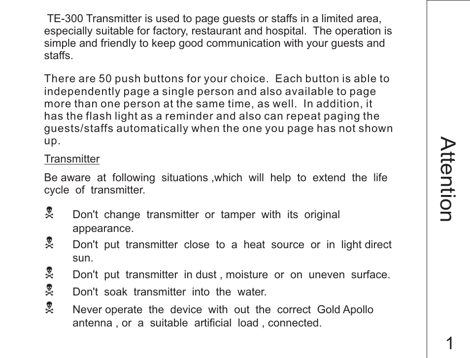 Ta te n tio n | WaveWare Apollo TE-300 User Manual | Page 2 / 14