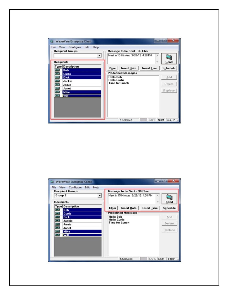 Choose recipient(s), Insert the date / time into a message | WaveWare Enterprise User Manual | Page 38 / 46