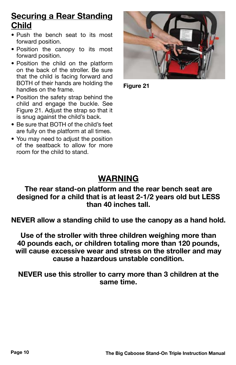 Securing a rear standing child, Warning | Chicco 430 User Manual | Page 10 / 16