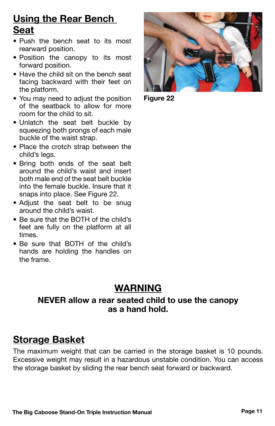 Using the rear bench seat, Storage basket, Warning | Chicco 430 User Manual | Page 11 / 16