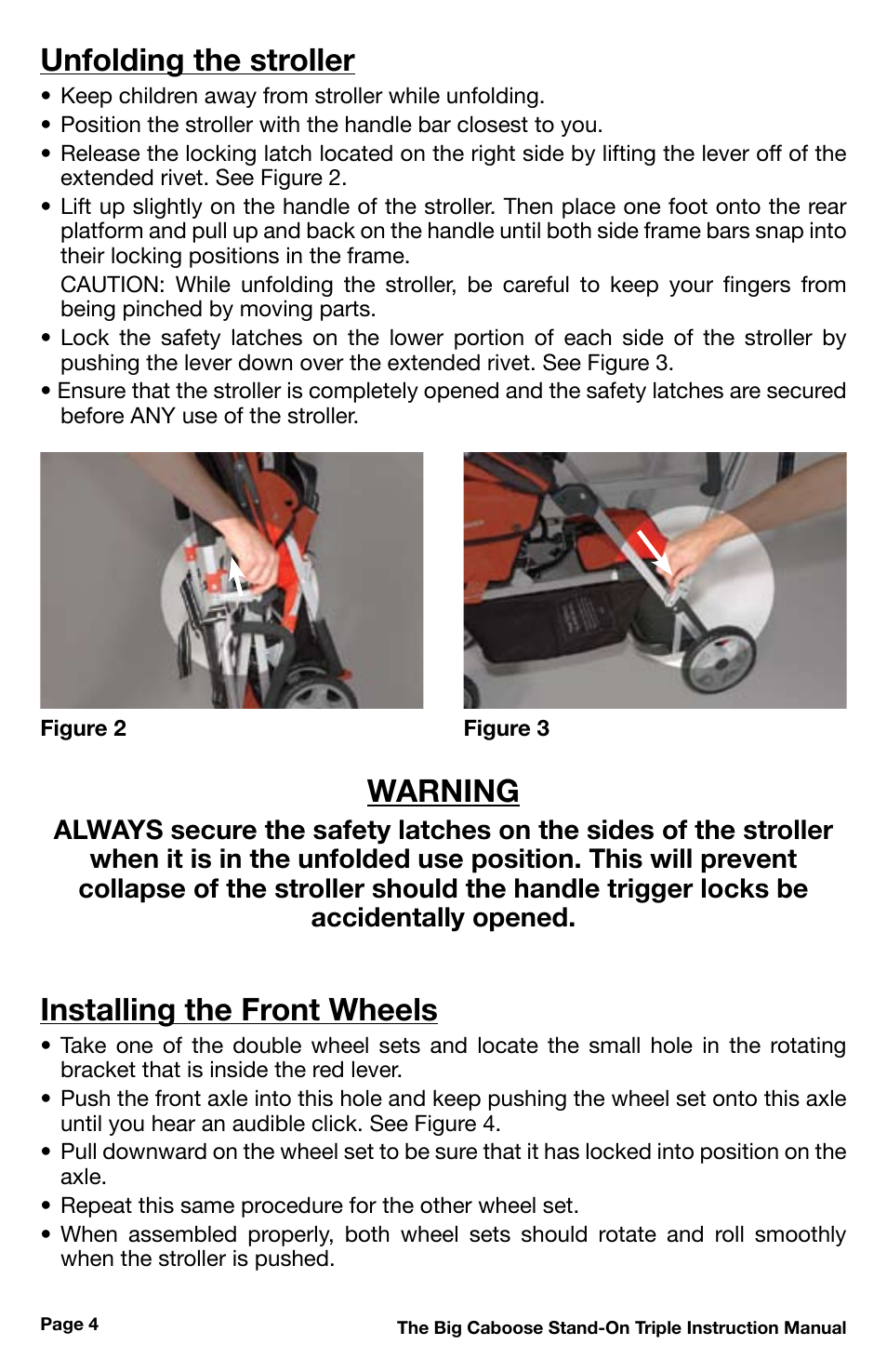 Unfolding the stroller, Warning, Installing the front wheels | Chicco 430 User Manual | Page 4 / 16