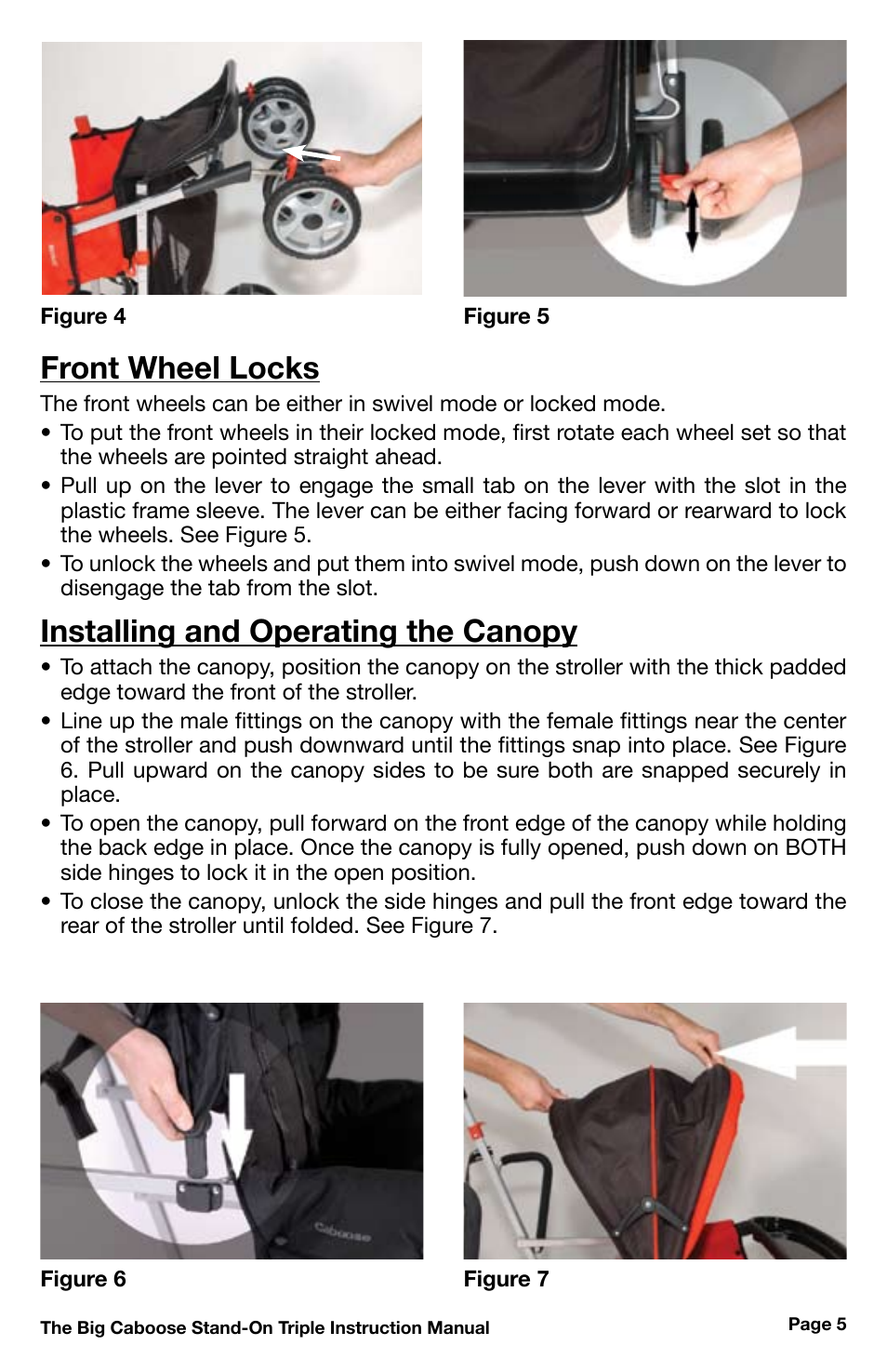 Front wheel locks, Installing and operating the canopy | Chicco 430 User Manual | Page 5 / 16