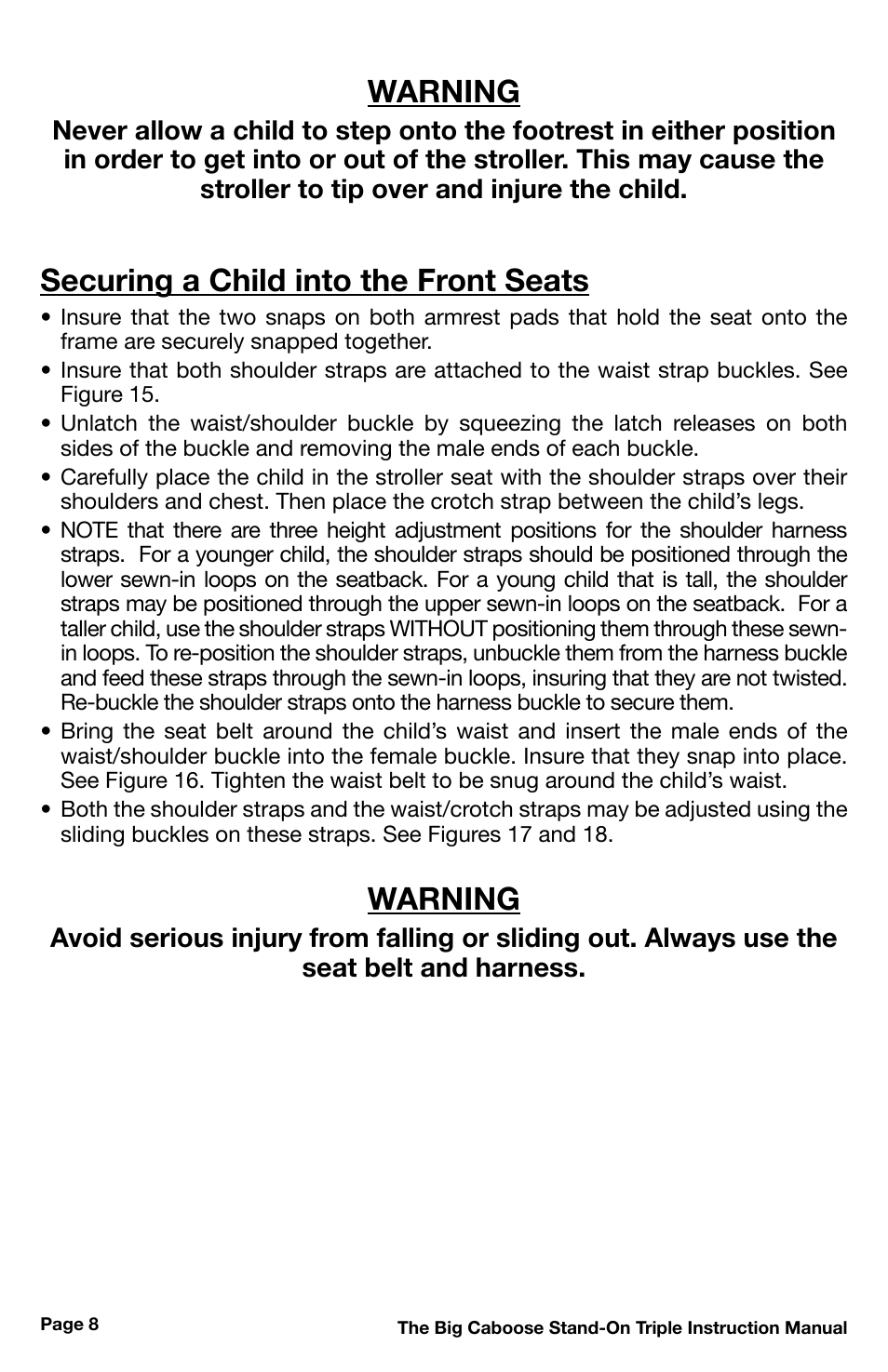Warning, Securing a child into the front seats | Chicco 430 User Manual | Page 8 / 16