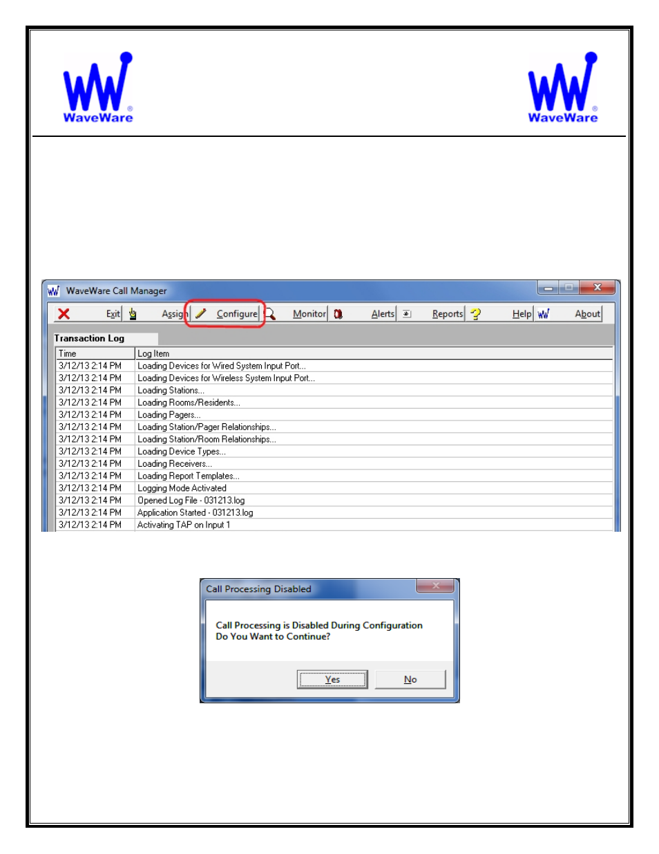 Waveware technologies, inc, Call manager software, Configuring the call manager software | WaveWare Call Manager User Manual | Page 12 / 50