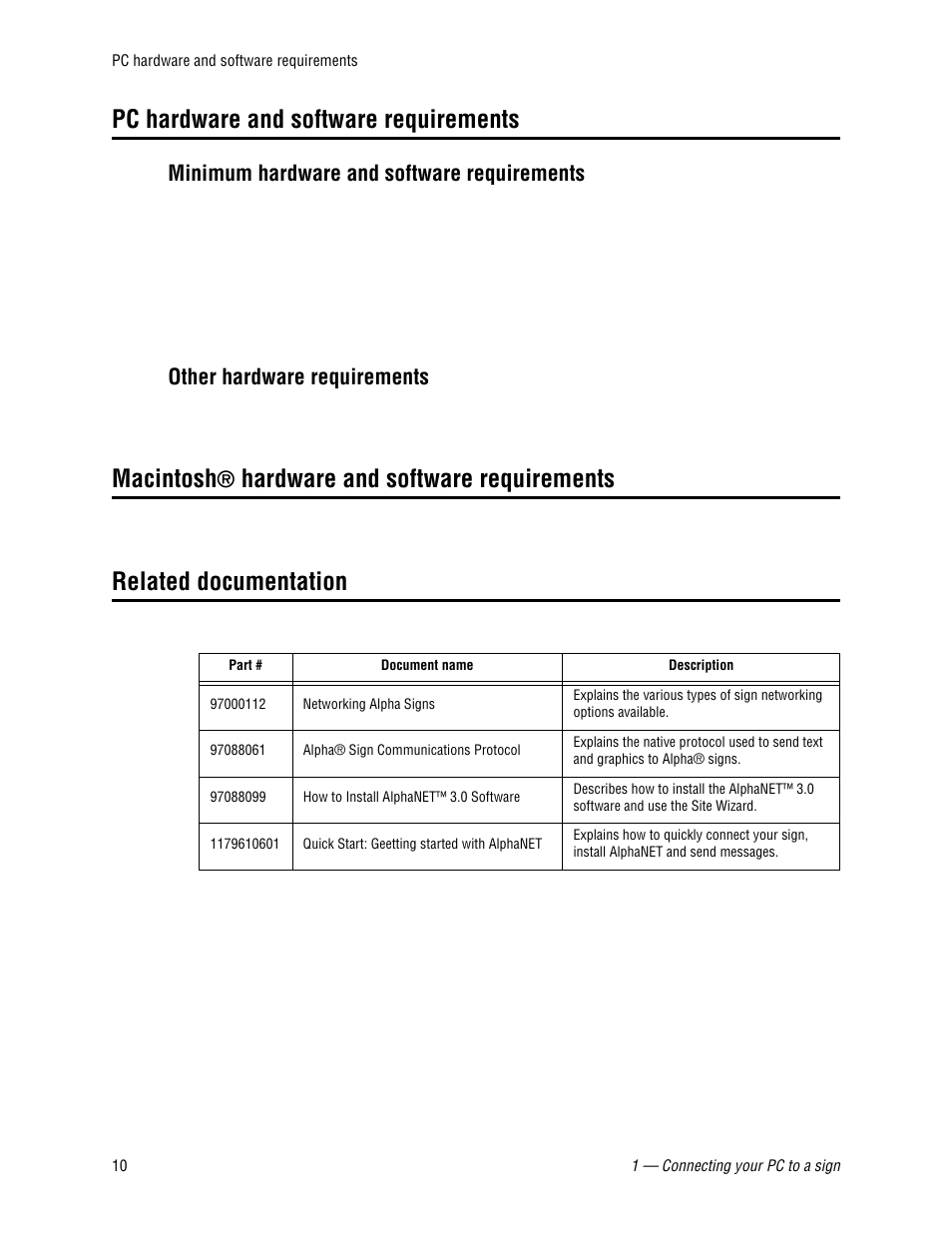 Pc hardware and software requirements, Minimum hardware and software requirements, Other hardware requirements | Macintosh® hardware and software requirements, Related documentation, Macintosh, Hardware and software requirements | WaveWare Adaptive AlphaNet User Manual | Page 10 / 150