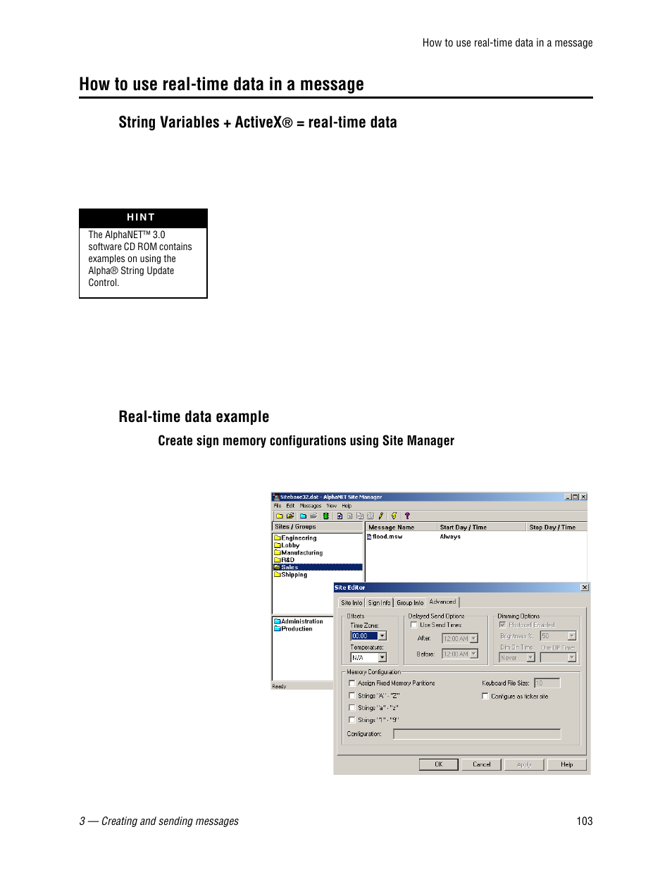How to use real-time data in a message, String variables + activex® = real-time data, Real-time data example | WaveWare Adaptive AlphaNet User Manual | Page 103 / 150