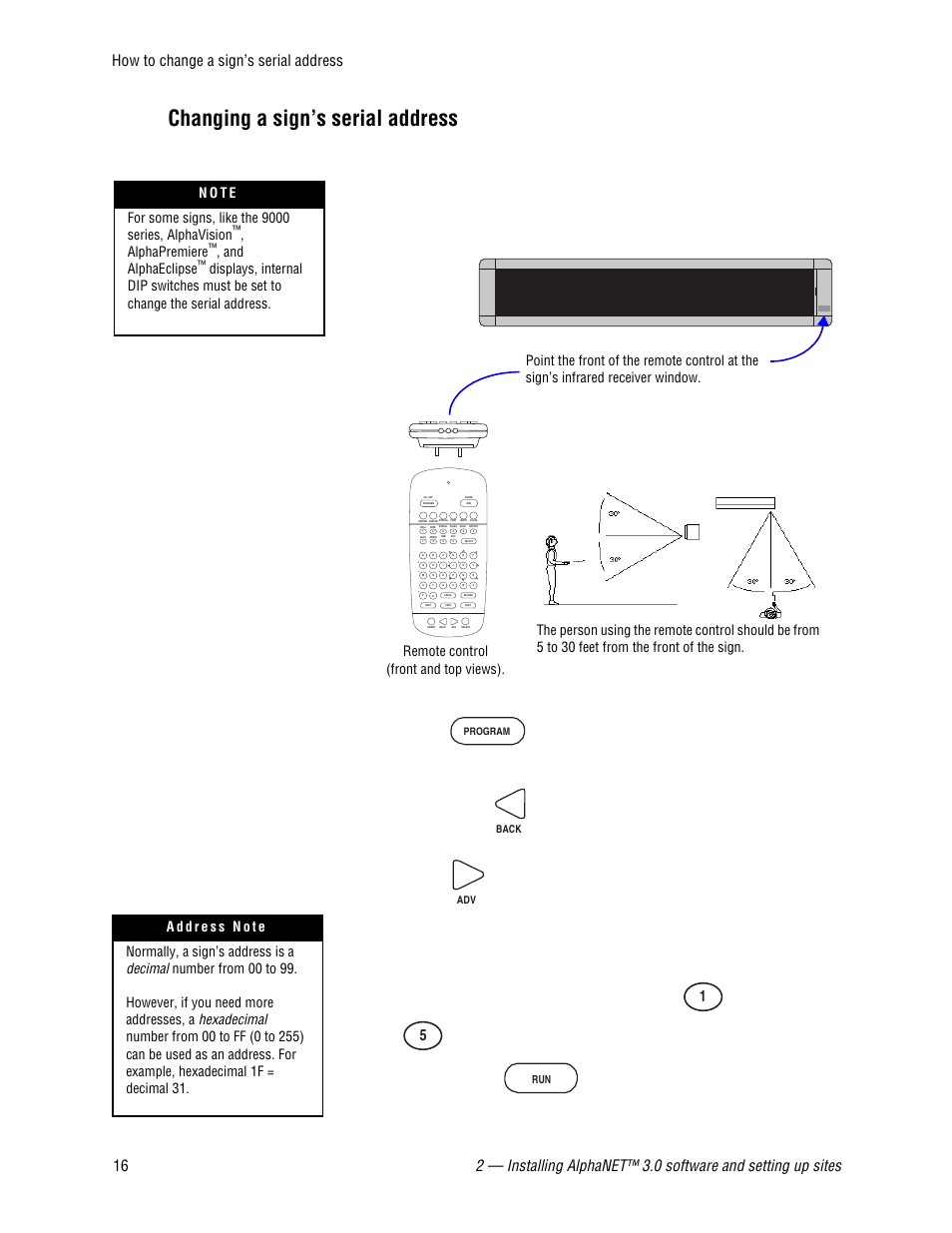 Changing a sign’s serial address, Ext, press the button until set address appears, Alphapremiere | And alphaeclipse | WaveWare Adaptive AlphaNet User Manual | Page 16 / 150