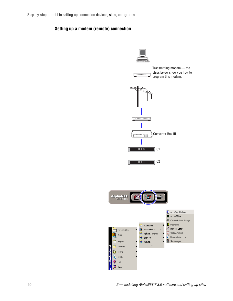 Setting up a modem (remote) connection | WaveWare Adaptive AlphaNet User Manual | Page 20 / 150