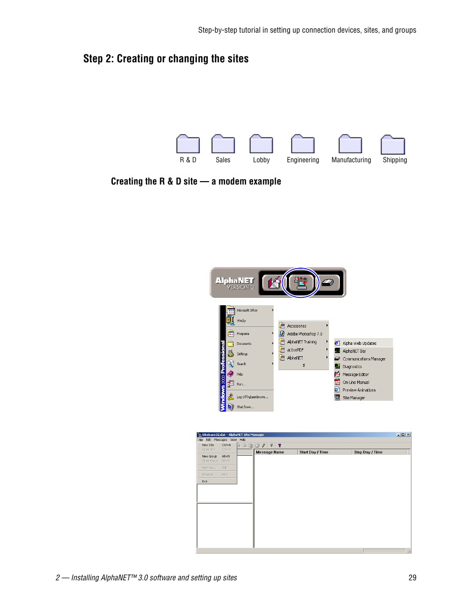 Step 2: creating or changing the sites, Creating the r & d site - a modem example | WaveWare Adaptive AlphaNet User Manual | Page 29 / 150