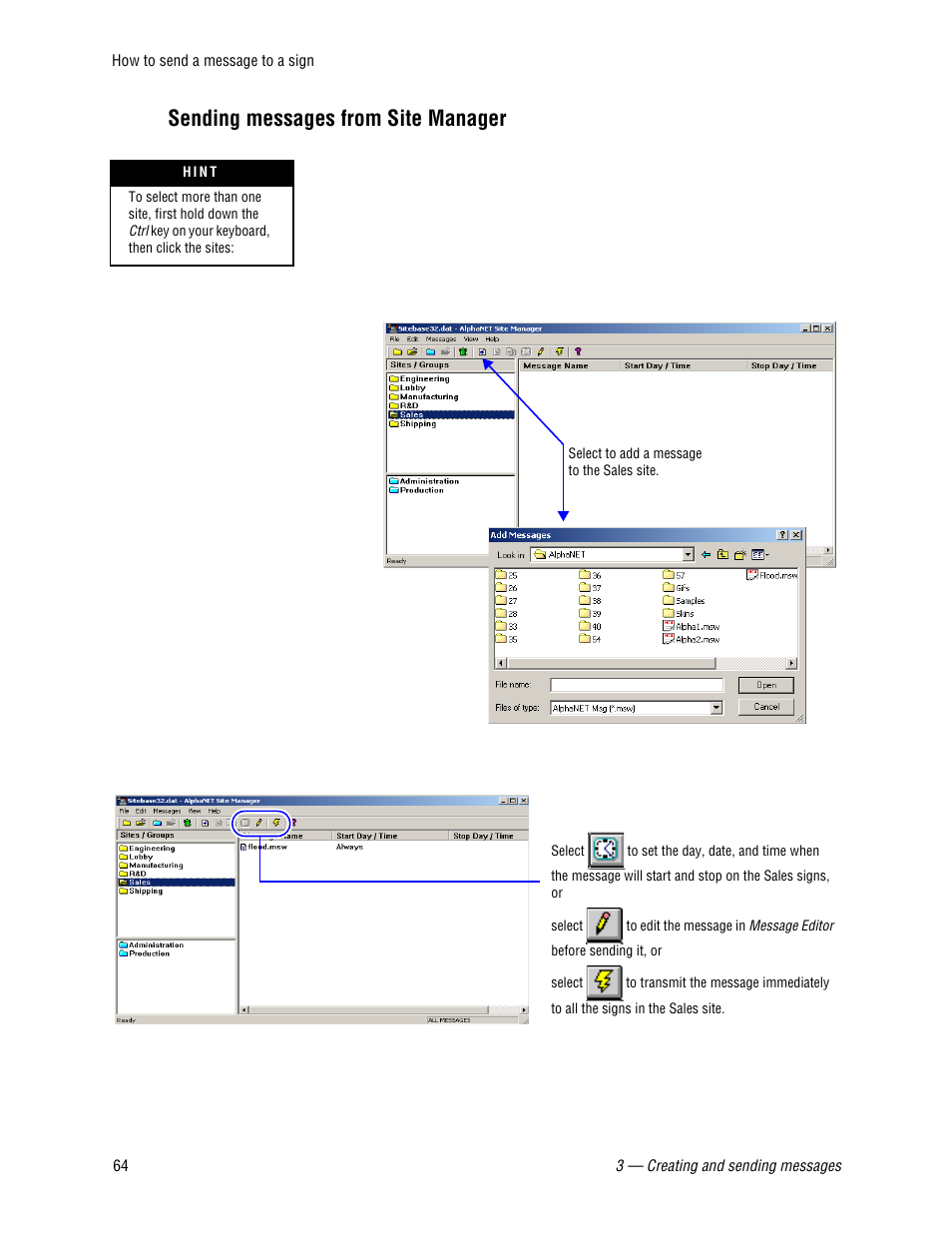 Sending messages from site manager | WaveWare Adaptive AlphaNet User Manual | Page 64 / 150