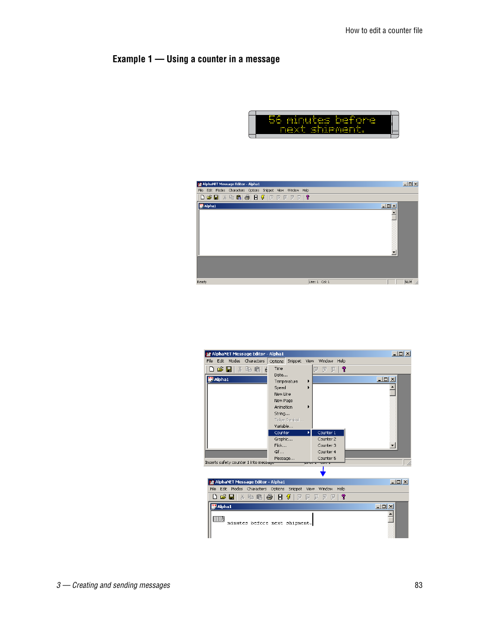Example 1 - using a counter in a message | WaveWare Adaptive AlphaNet User Manual | Page 83 / 150