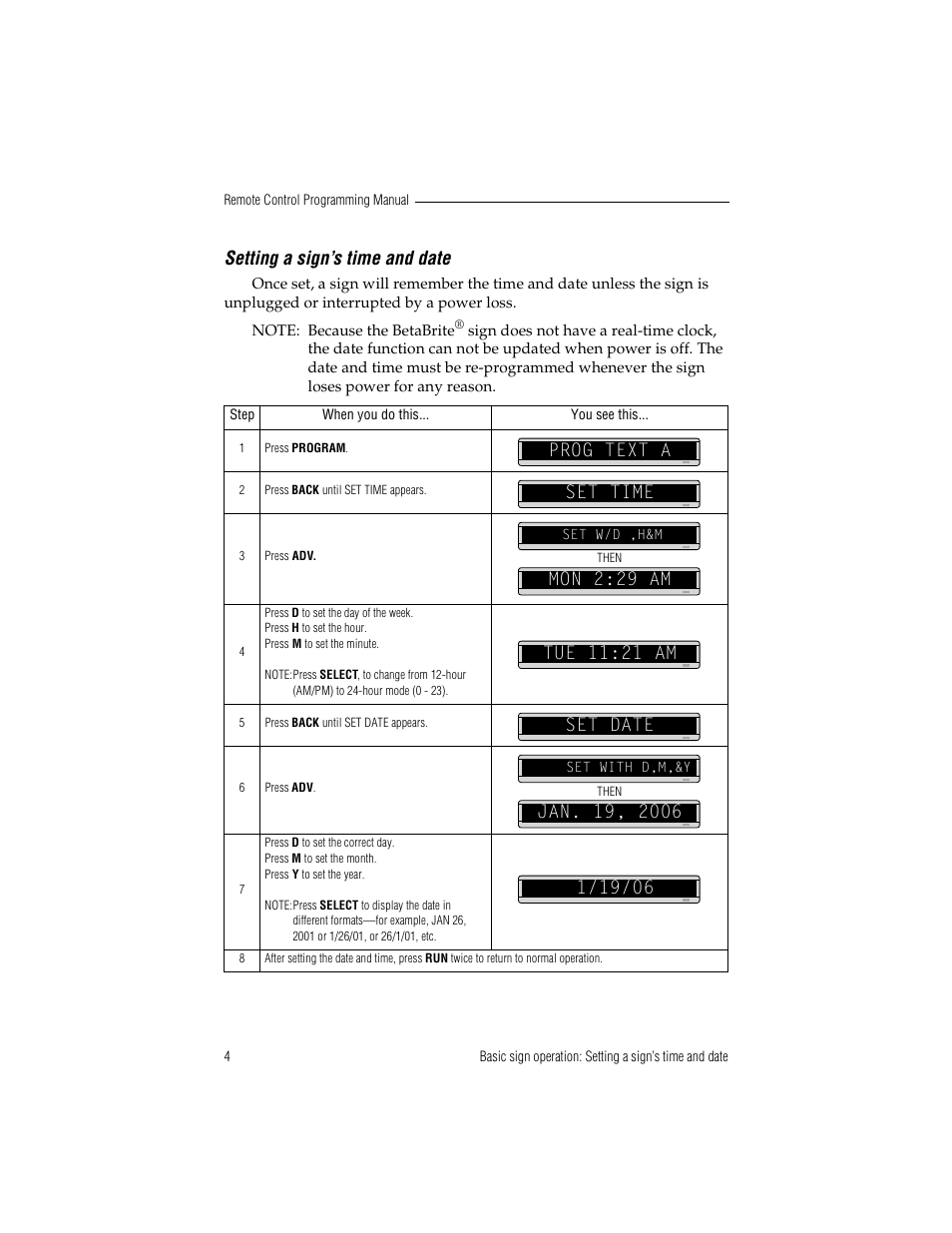 Setting a sign’s time and date, Prog text a set time | WaveWare Adaptive Remote User Manual | Page 10 / 50