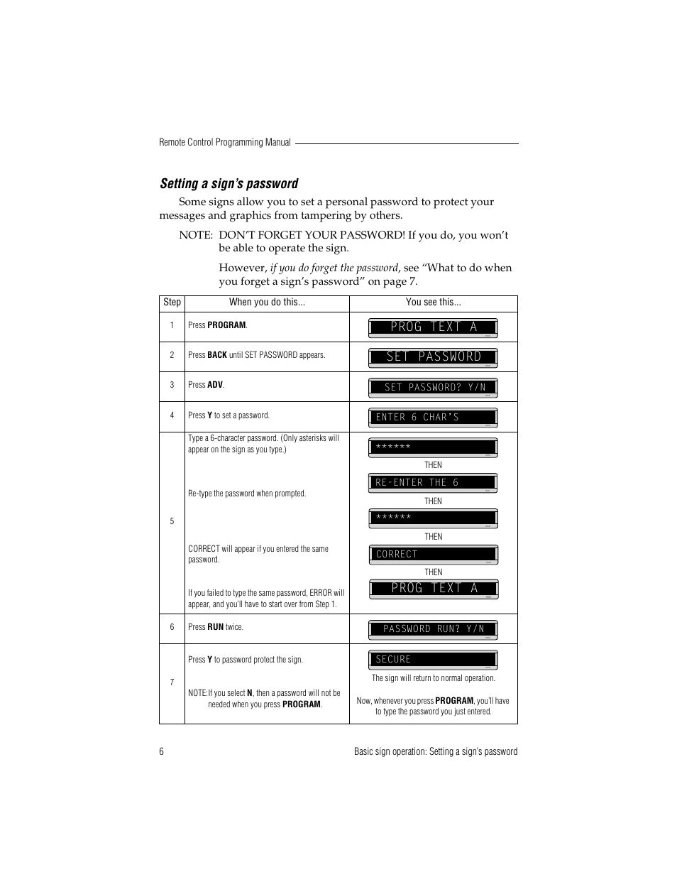 Setting a sign’s password, Prog text a set password, Prog text a | WaveWare Adaptive Remote User Manual | Page 12 / 50
