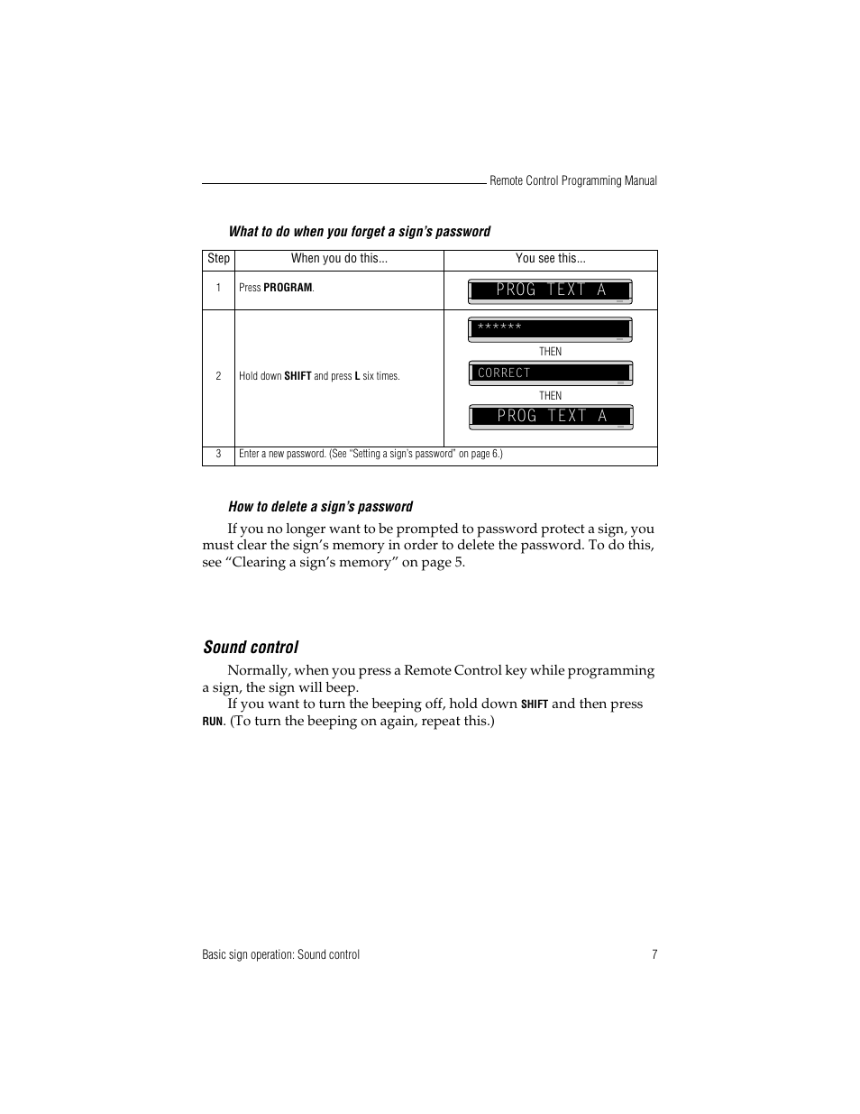 Sound control, What to do when you forget a sign’s password, 7 how to delete a sign’s password | Prog text a | WaveWare Adaptive Remote User Manual | Page 13 / 50