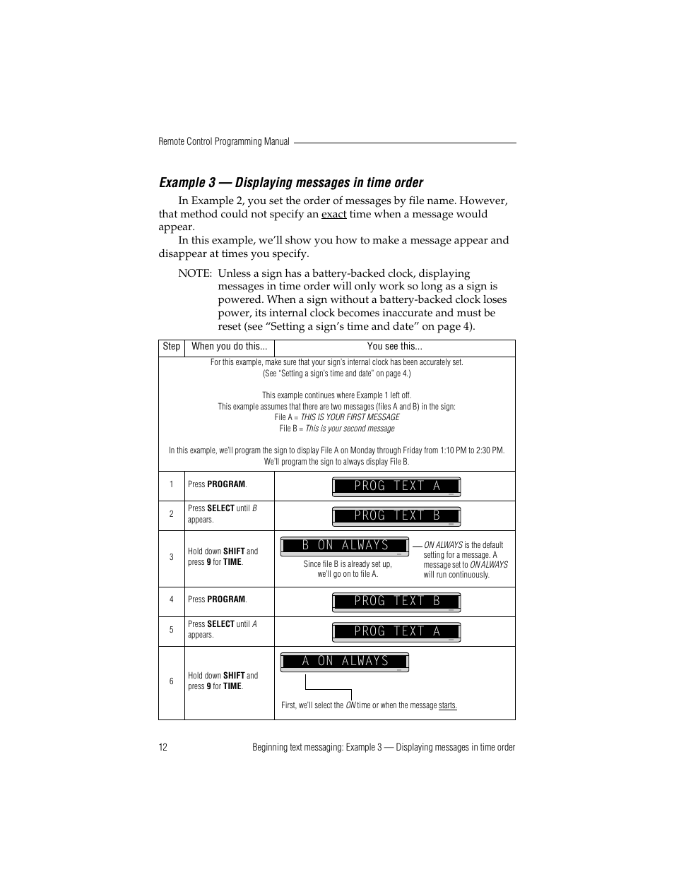 Example 3 — displaying messages in time order, Prog text a prog text b, B on always prog text b prog text a | A on always | WaveWare Adaptive Remote User Manual | Page 18 / 50