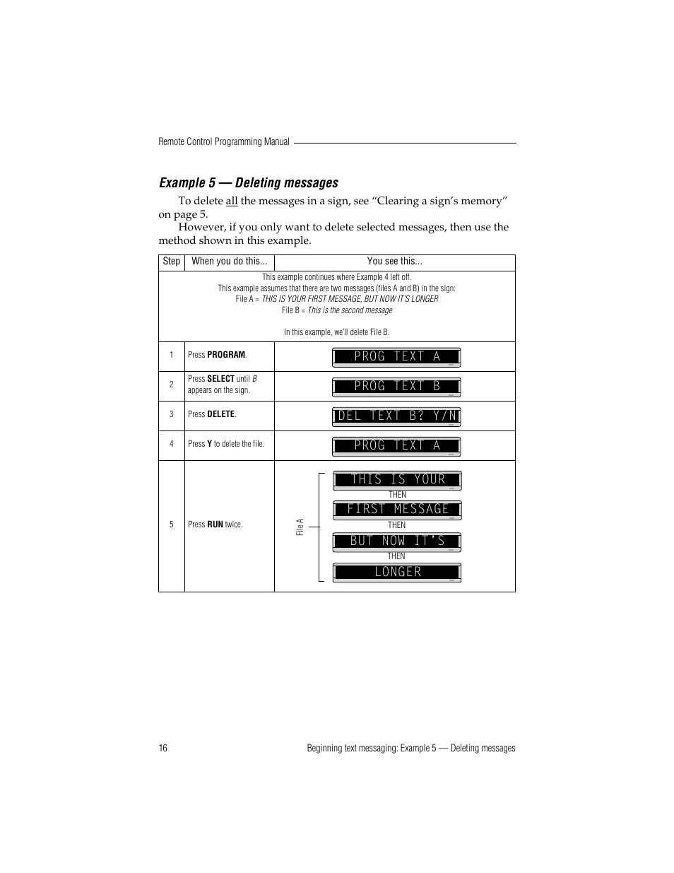 Example 5 — deleting messages, This is your first message, But now it’s | Longer | WaveWare Adaptive Remote User Manual | Page 22 / 50