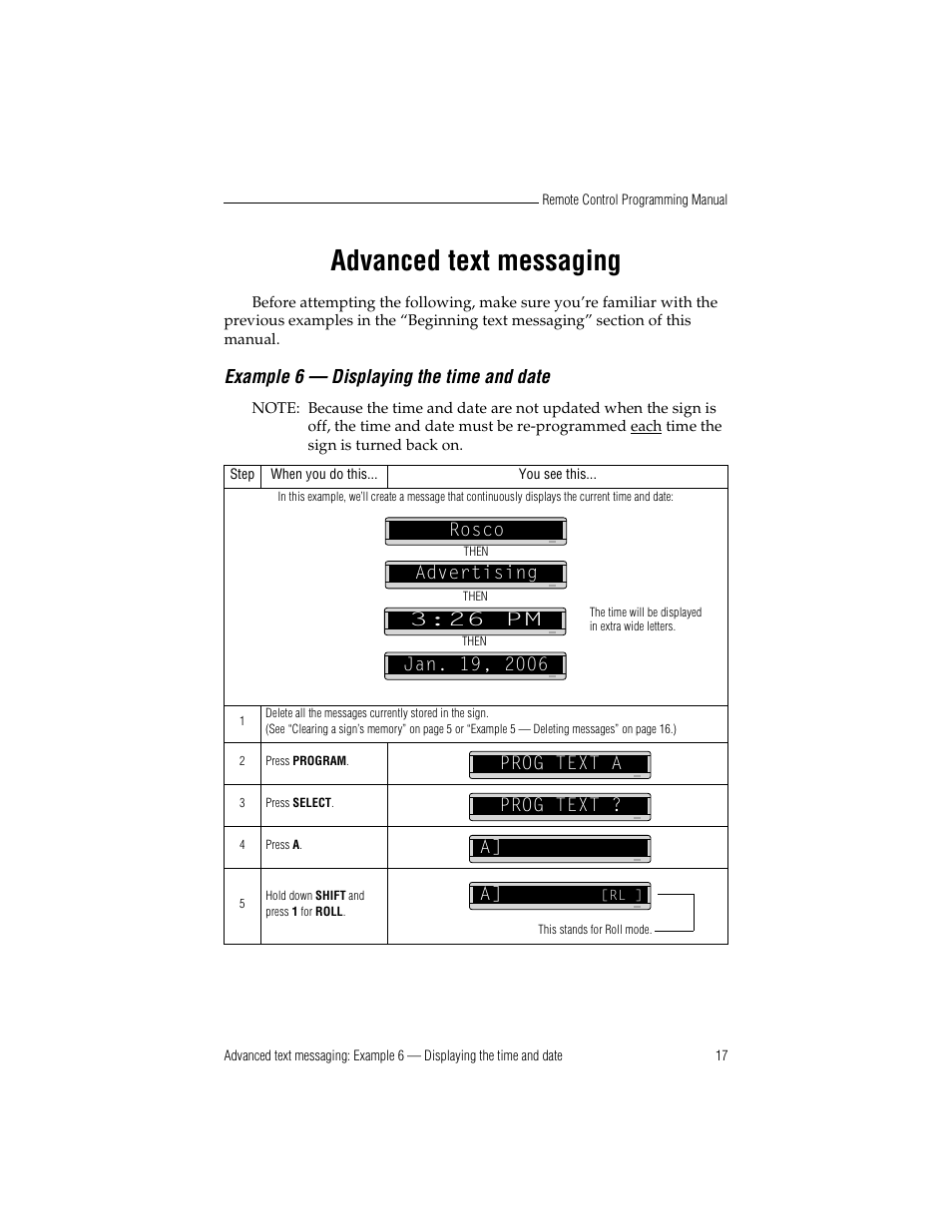 Advanced text messaging, Example 6 — displaying the time and date | WaveWare Adaptive Remote User Manual | Page 23 / 50