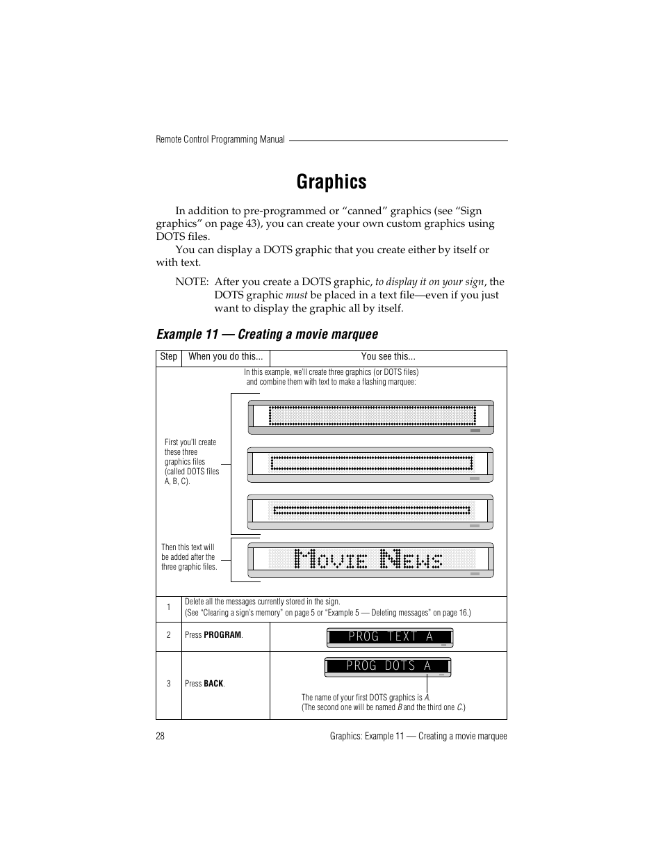 Graphics, Example 11 — creating a movie marquee, Prog text a | Prog dots a | WaveWare Adaptive Remote User Manual | Page 34 / 50