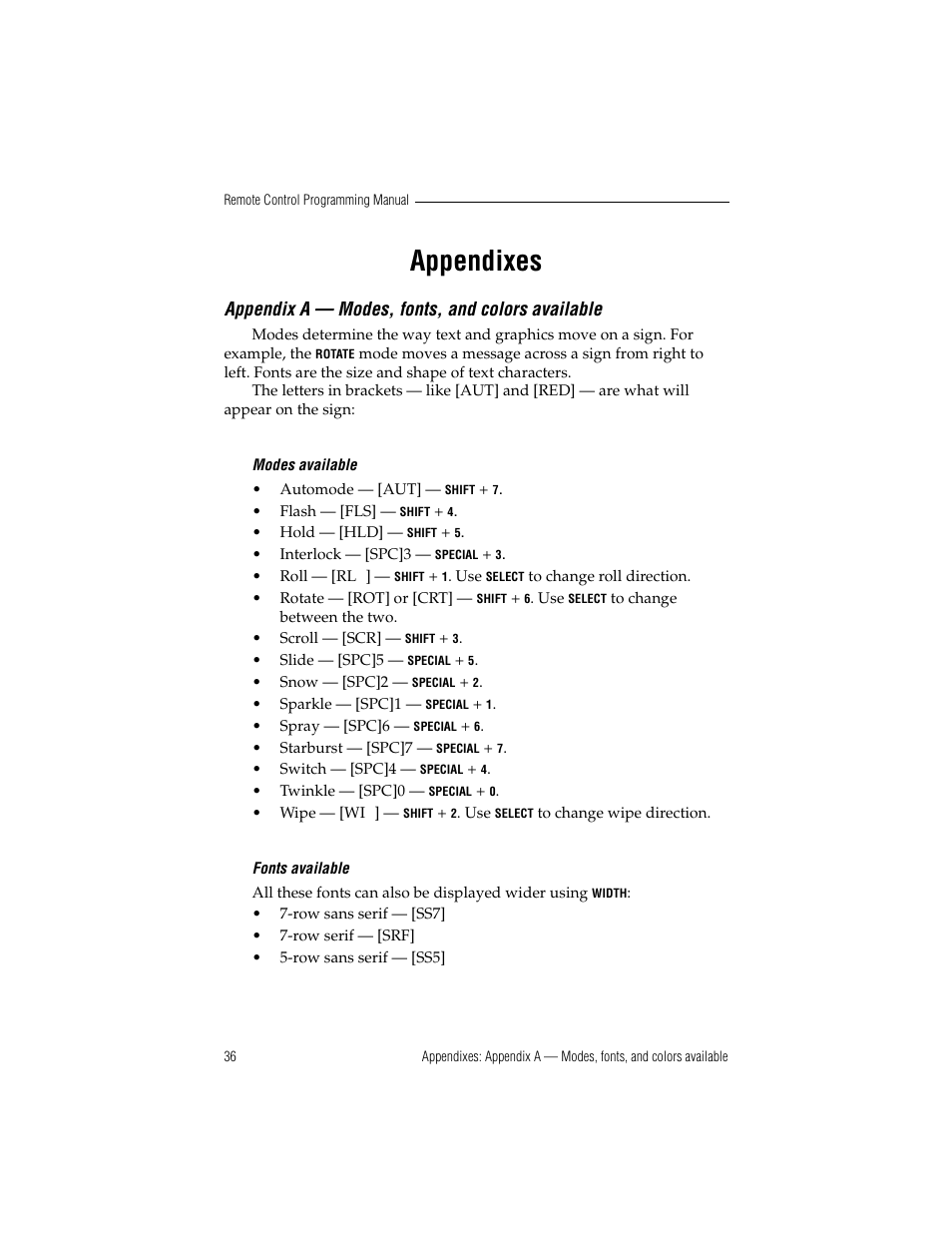 Appendixes, Appendix a — modes, fonts, and colors available, See “appendix a | E “appendix | WaveWare Adaptive Remote User Manual | Page 42 / 50