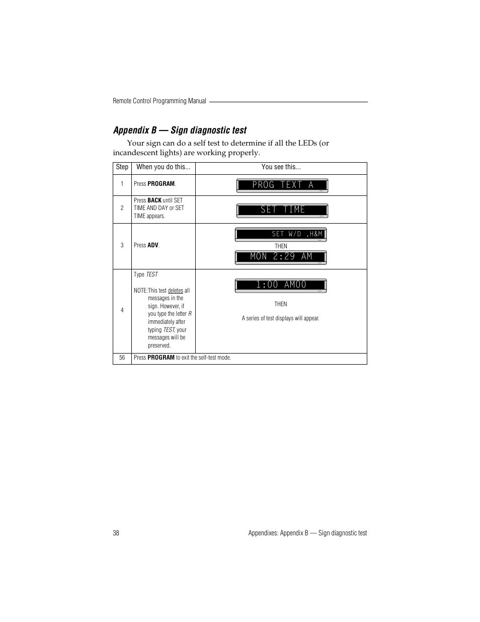 Appendix b — sign diagnostic test, Prog text a set time, Mon 2:29 am | 00 am00 | WaveWare Adaptive Remote User Manual | Page 44 / 50