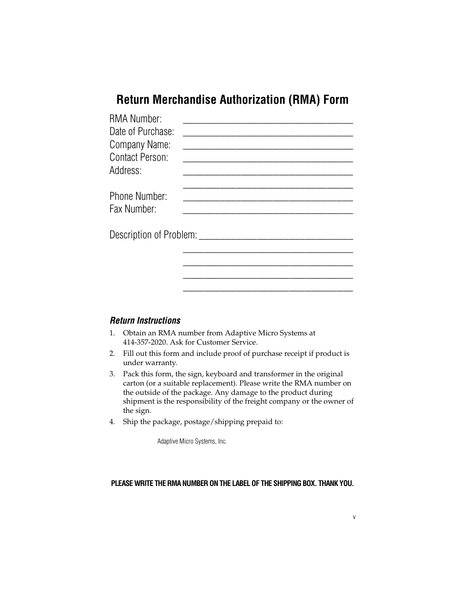 Return merchandise authorization (rma) form, Return instructions | WaveWare Adaptive Remote User Manual | Page 5 / 50