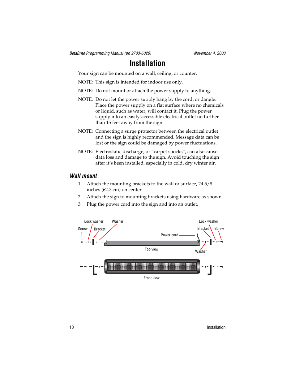 Installation, Wall mount, Top view | WaveWare Adaptive Remote User Manual | Page 10 / 102