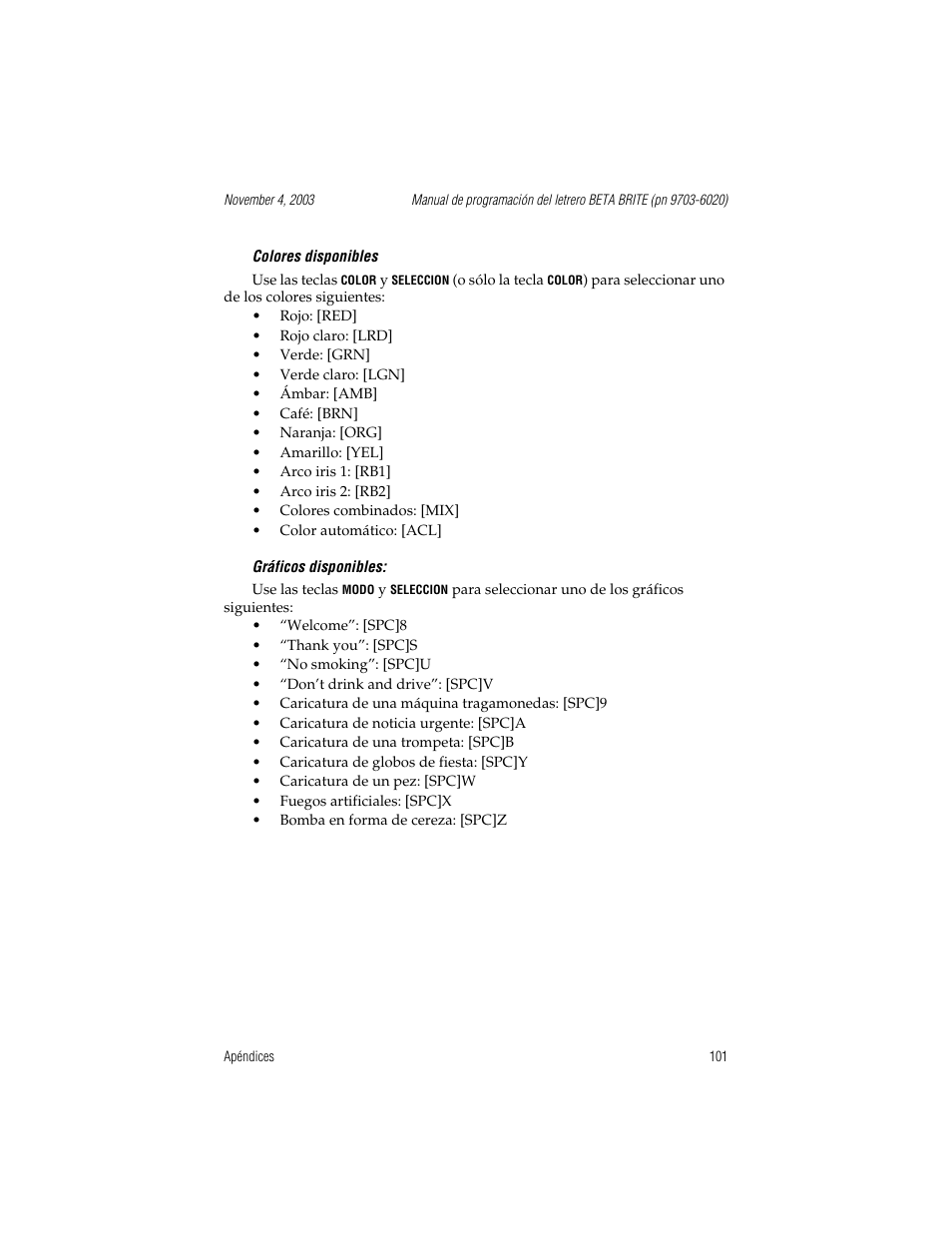 Colores disponibles, Gráficos disponibles | WaveWare Adaptive Remote User Manual | Page 101 / 102