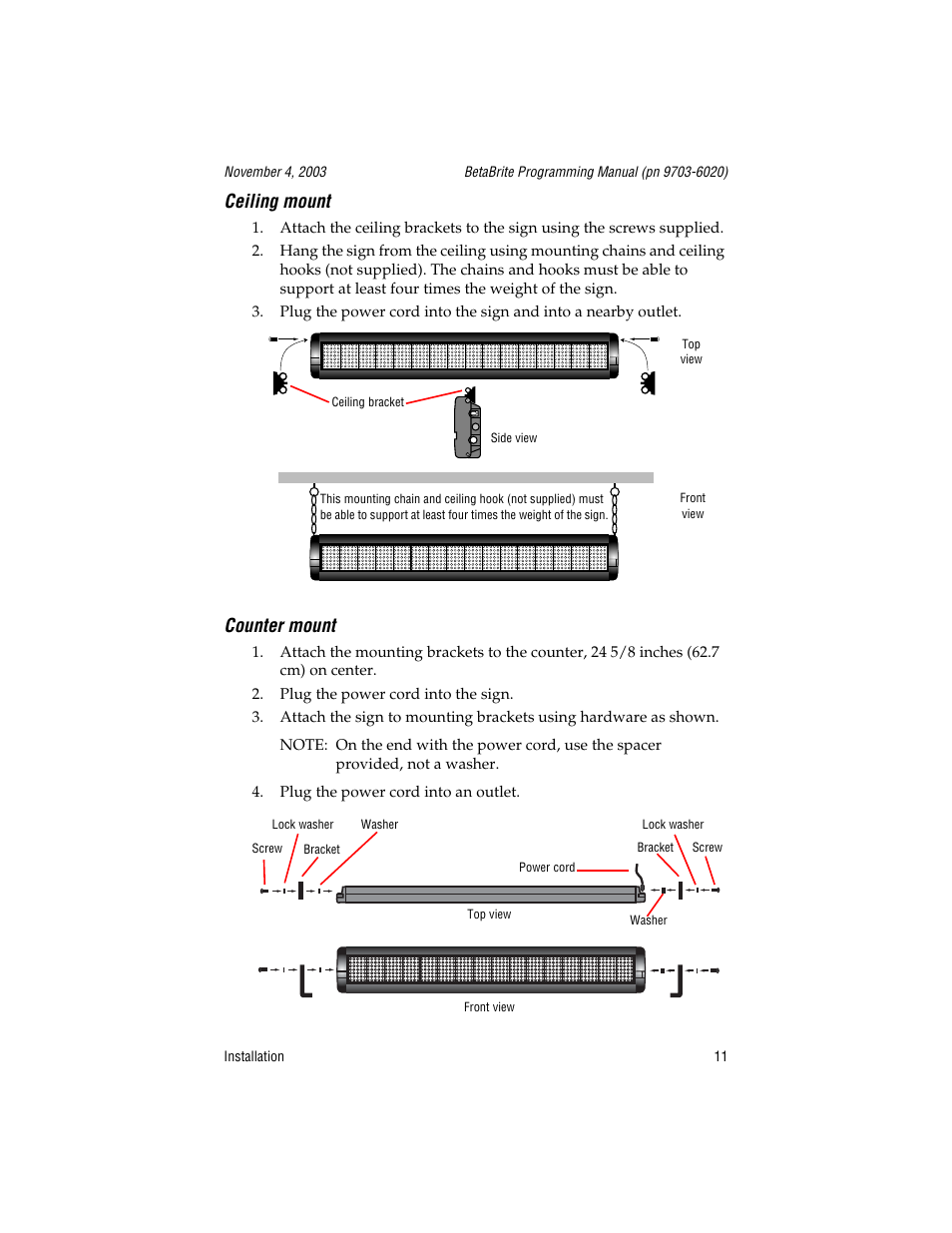 Ceiling mount, Counter mount, Plug the power cord into the sign | Plug the power cord into an outlet, Top view | WaveWare Adaptive Remote User Manual | Page 11 / 102