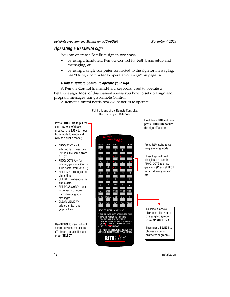 Operating a betabrite sign, Using a remote control to operate your sign | WaveWare Adaptive Remote User Manual | Page 12 / 102