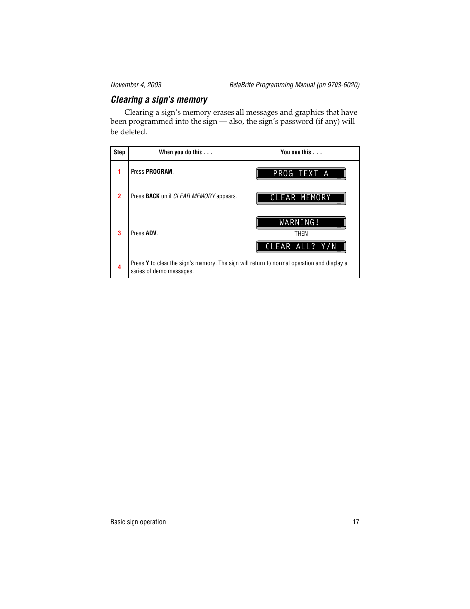 Clearing a sign’s memory, Prog text a, Clear memory | Warning | WaveWare Adaptive Remote User Manual | Page 17 / 102