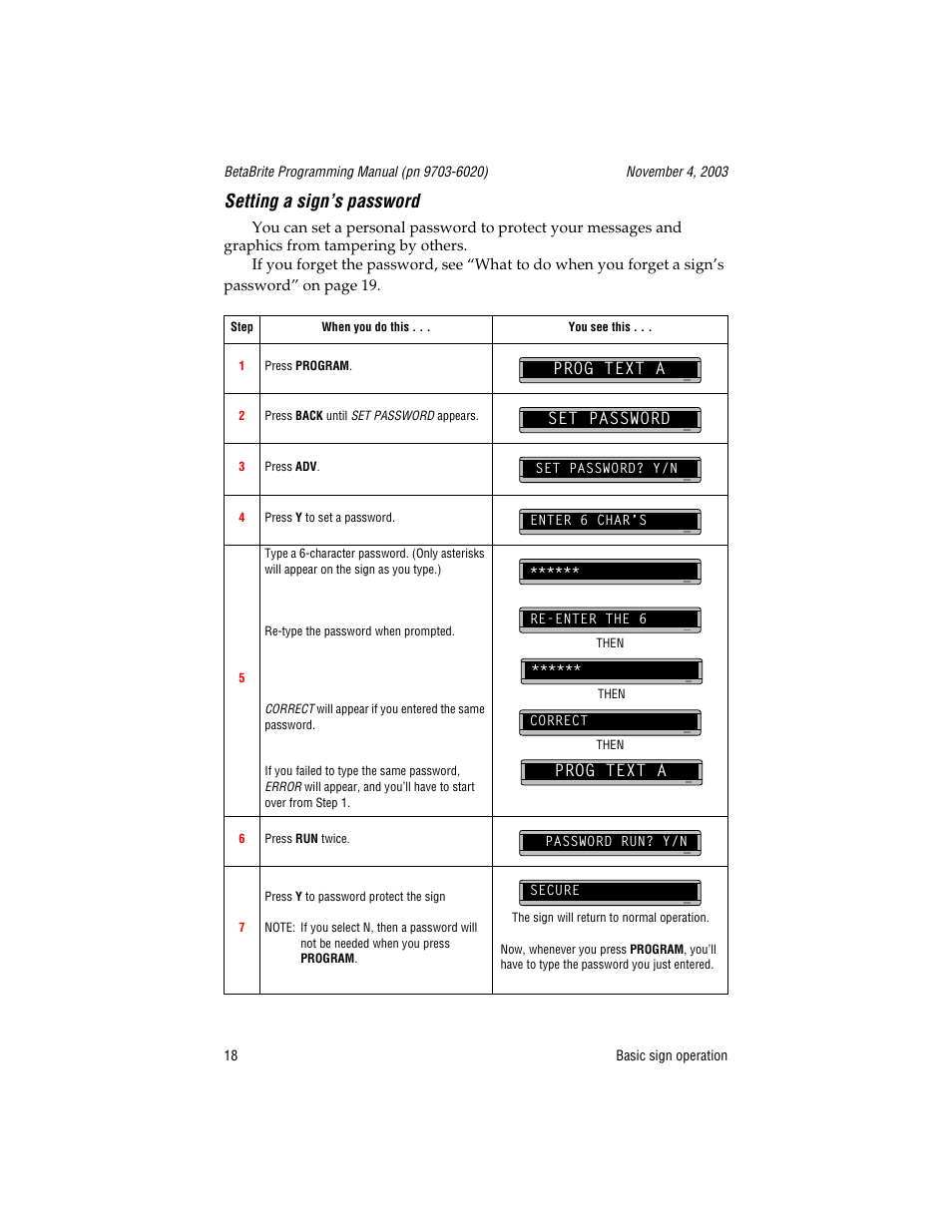 Setting a sign’s password, Prog text a, Set password | Set password? y/n, Password run? y/n, Prog text a set password | WaveWare Adaptive Remote User Manual | Page 18 / 102